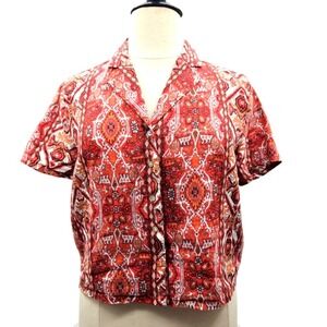 Rachel Zoe Linen Short Sleeve Orange & White Geometric‎ Print Blouse Size Large